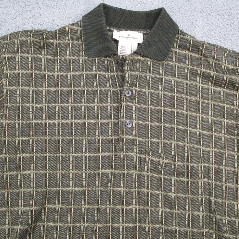 Ermenegildo Zegna Polo Shirt Mens Small Green Tan Grid Cotton Short Sleeve Italy - Picture 2 of 7